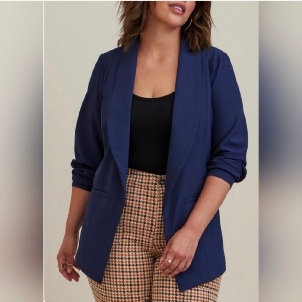 Torrid Blue Crepe Open Front Longline Blazer Jacket NEW